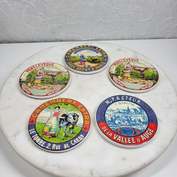 Mikasa Fromage WC301 Coasters Set of 5 French Cheese Label Ceramic Cork Back - Picture 3 of 16